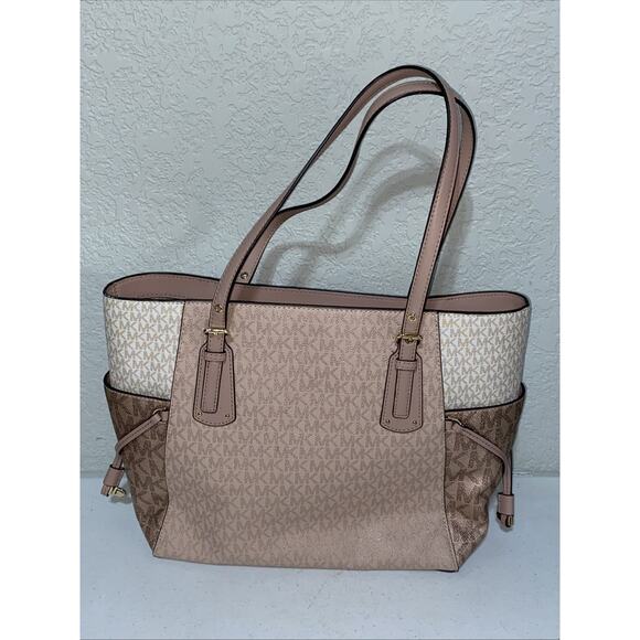 Michael Kors Voyager Tote Signature MK Logo Large Shoulder Bag Purse Rose Gold - Picture 2 of 14